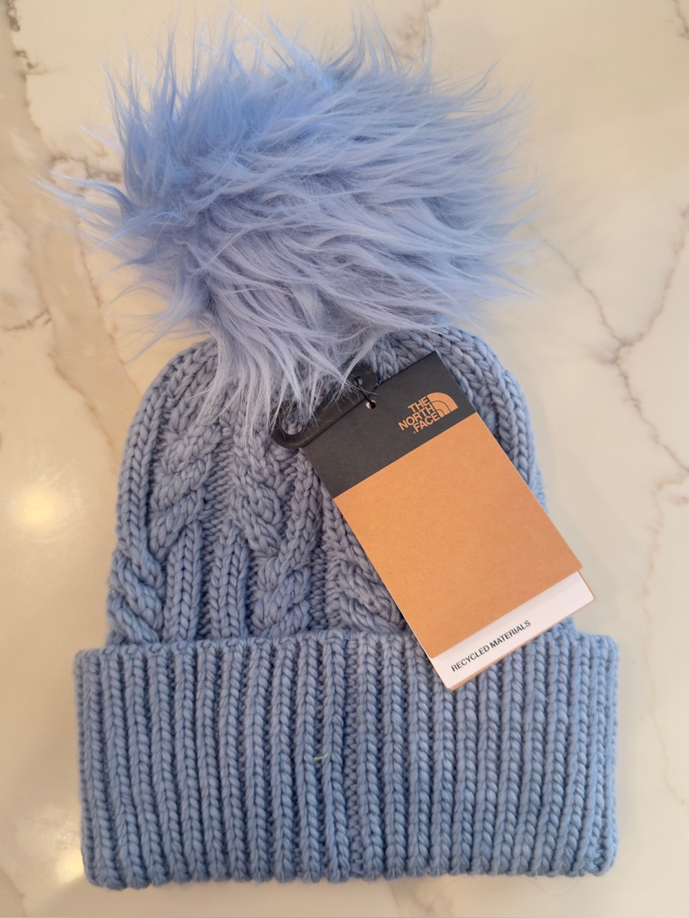 NWT The North Face Oh Mega Fur Pom Beanie Folk Blue Cable Knit Winter Hat